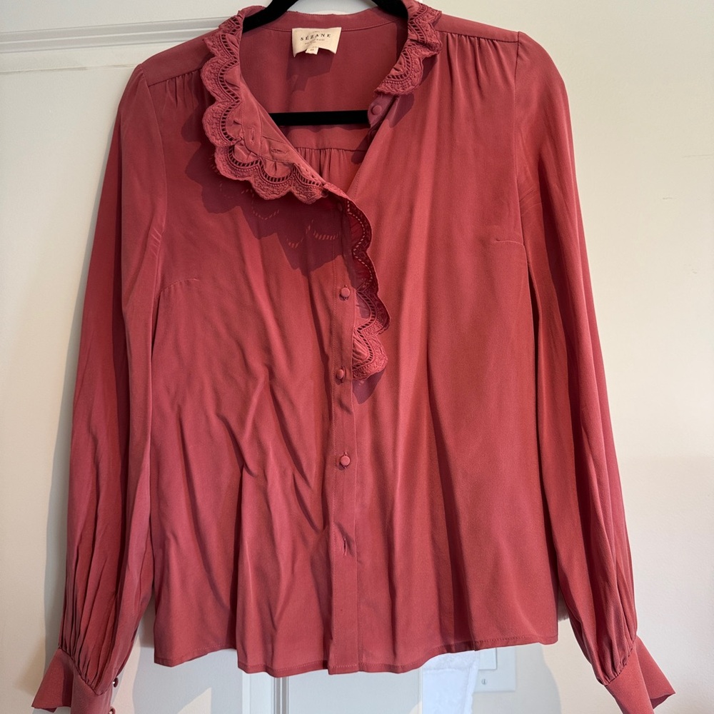 Sezane Chloe Blouse with Lace Collar Rosewood Size 36